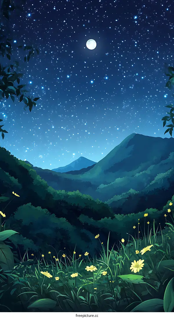 Night Sky with Stars and Moon Over Mountains