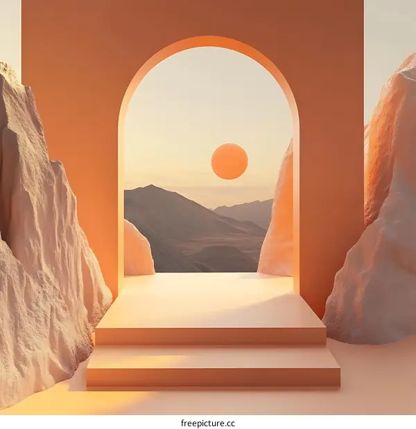 Minimalist Archway with Mountains and Sun