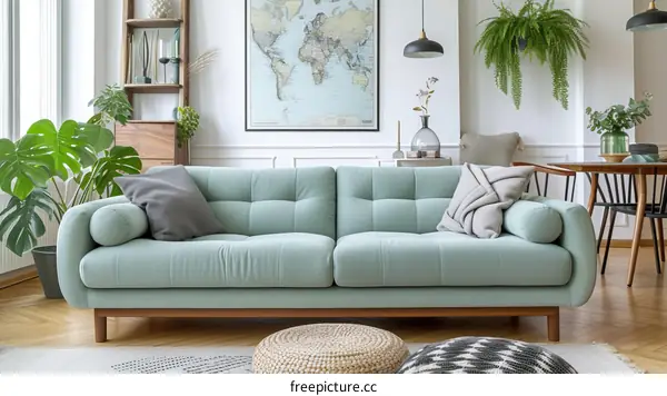 A Stylish Living Room With a Green Sofa and Plants