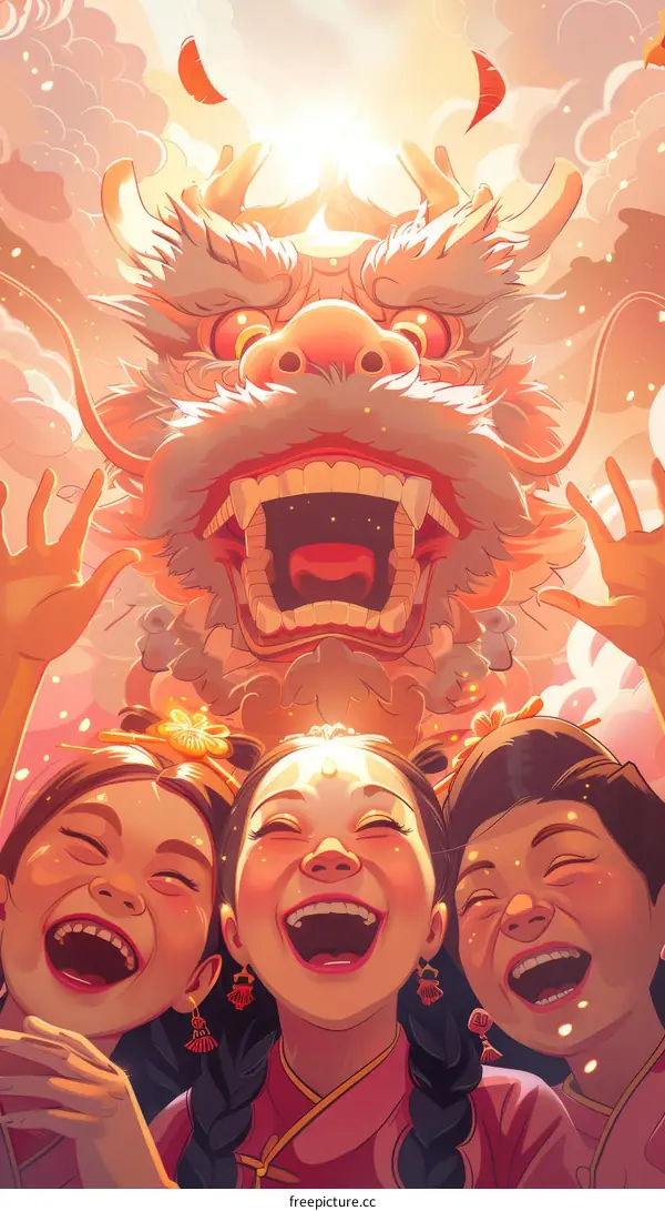 Three happy Chinese girls celebrating Lunar New Year