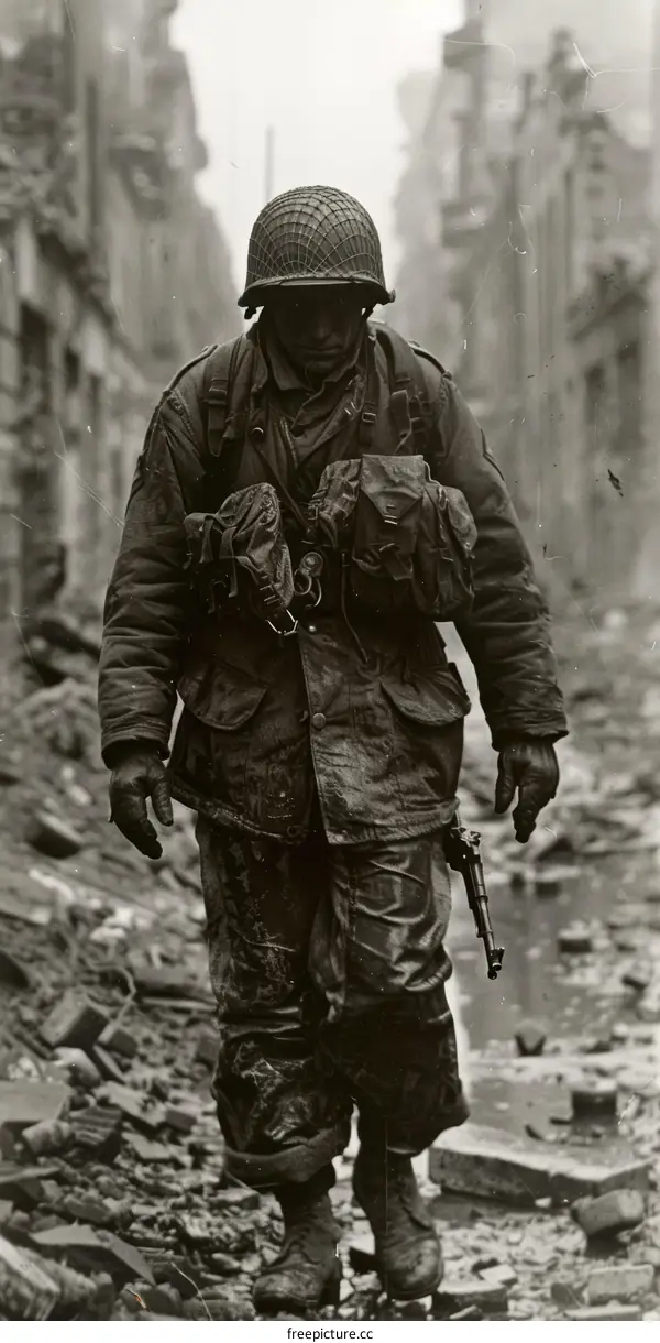 A soldier walking through a destroyed city during World War II