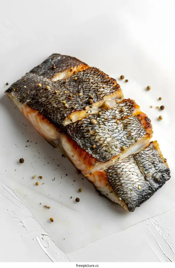 A piece of cooked fish on a white background. The fish is seasoned with peppercorns.