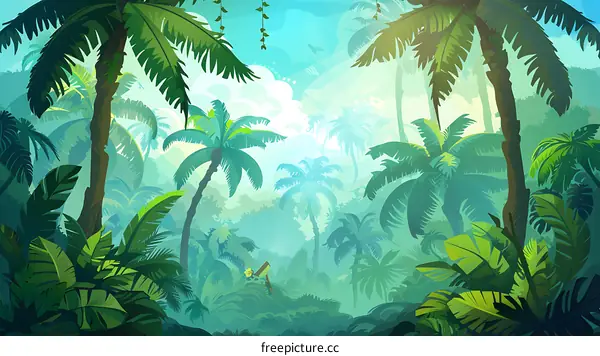 Tropical Rainforest Landscape Illustration With Lush Green Palm Trees And Foggy Atmosphere