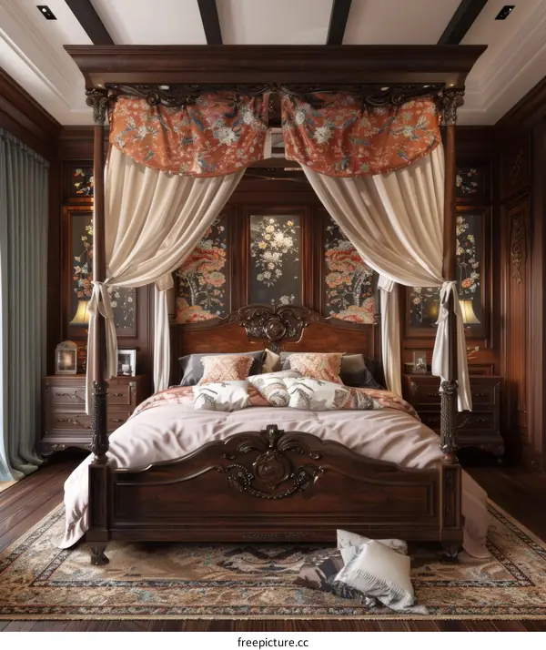 Carved Wooden Bed with Accessories for Bedroom Home Design