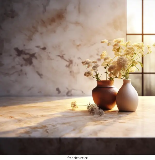Two vases with white flowers on a marble table