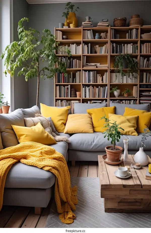 Cozy and inviting living room with gray sofa, yellow pillows, and wooden bookshelf
