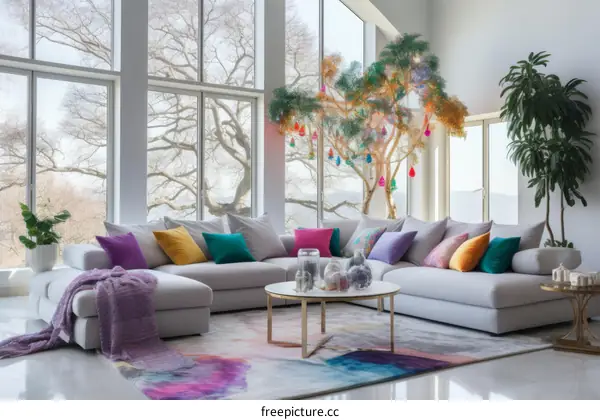 Modern living room interior design with large windows and colorful tree sculpture