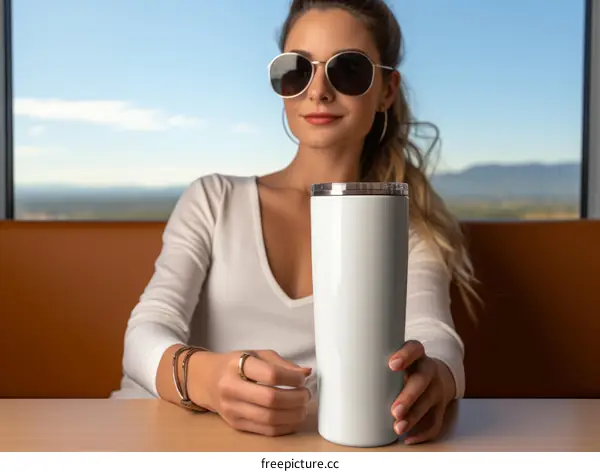 Young woman with sunglasses holding a white tumbler