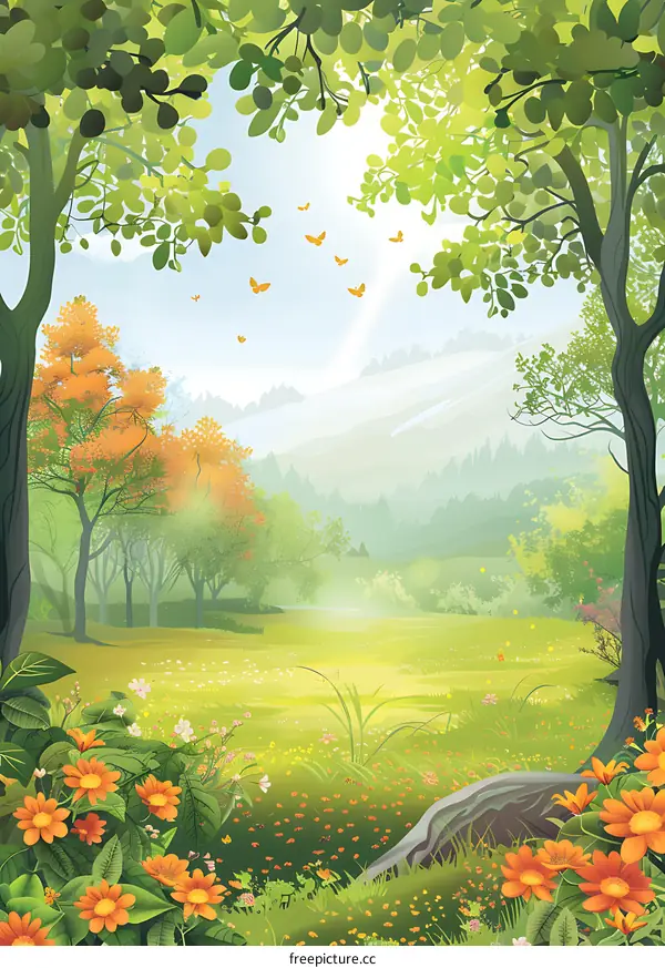 Beautiful Green Forest Landscape with Flowers and Butterflies