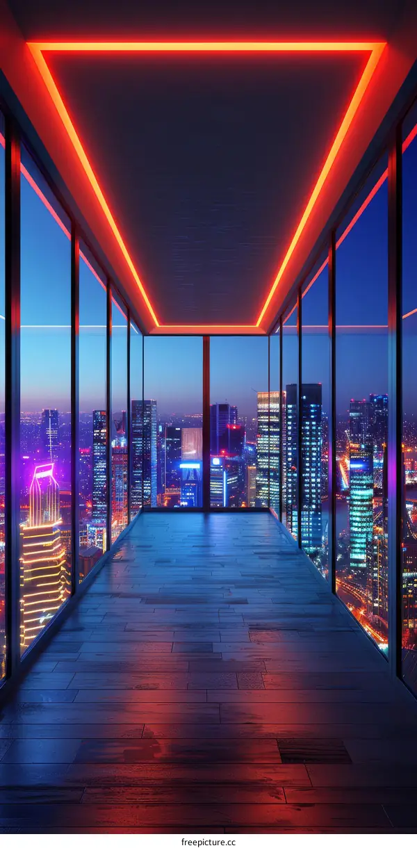 Modern city night view from the top floor of a skyscraper