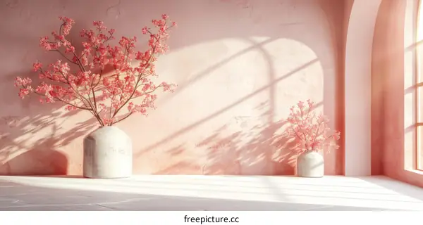 Pink Hawthorn Flowers Arranged in a Pink Glass Vase