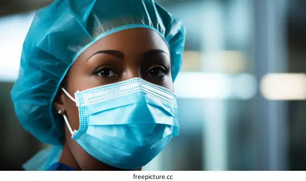 Portrait of a young female doctor wearing a surgical mask and cap