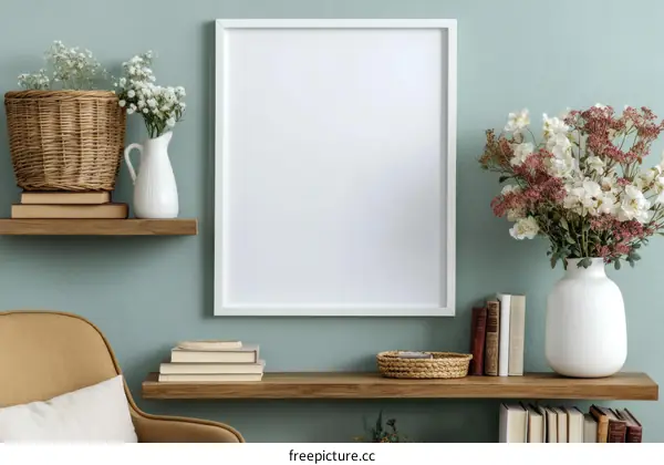 Empty Frame Decorated with Flowers and Bookshelf