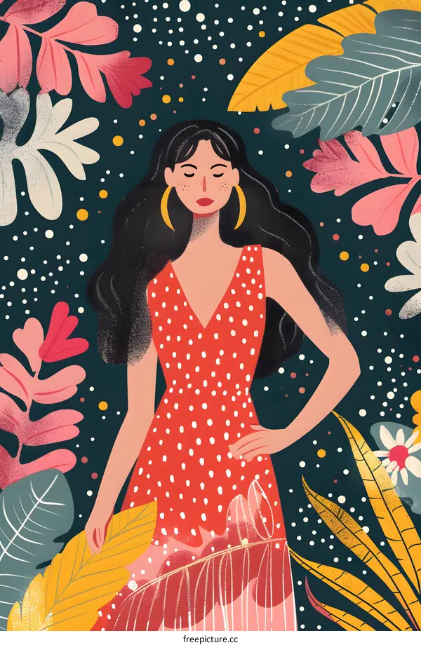 Woman in Red Dress Standing Amongst Leaves