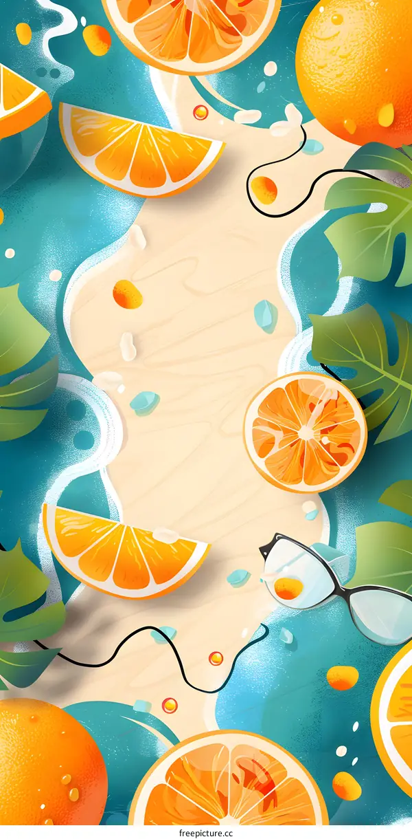 Summer Beach Illustration with Orange Fruit and Sunglasses
