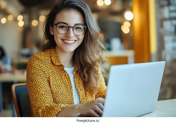 Young Woman Working on Laptop in Cafe