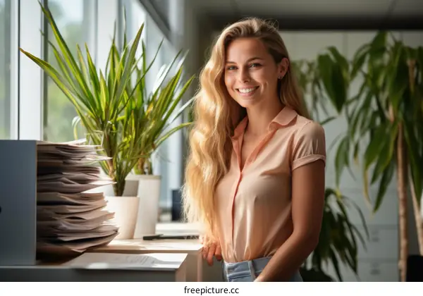 portrait of a young woman standing in an office
