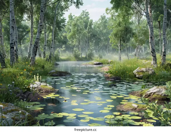 Tranquil Forest Lake with Green Trees and Lily Pads