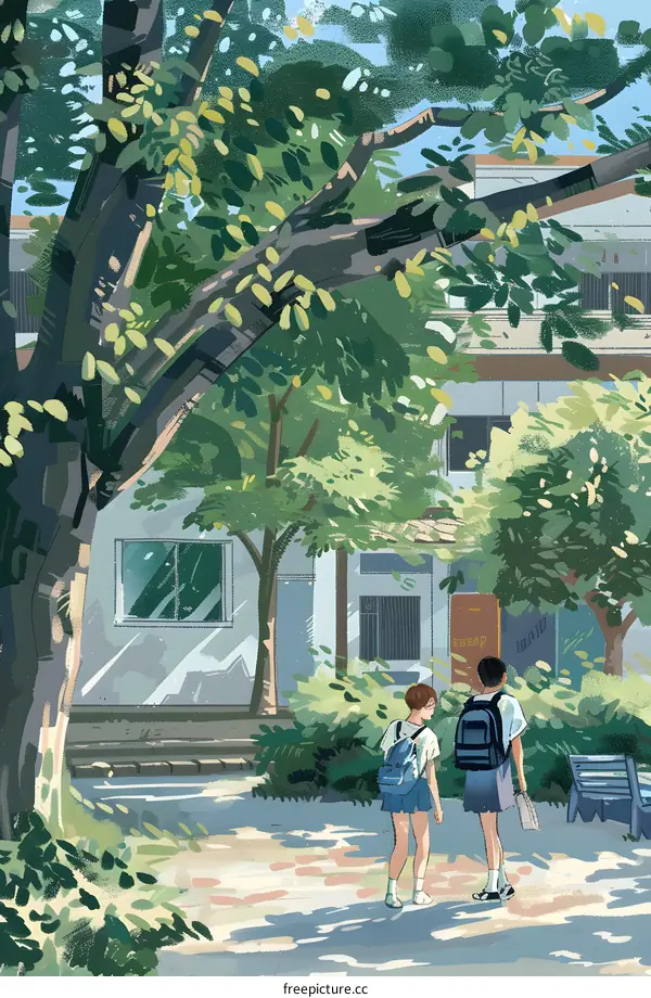 Two Students Walking Through a Green School Campus