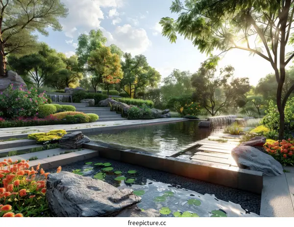 Tranquil Courtyard with Reflecting Pool and Waterfall