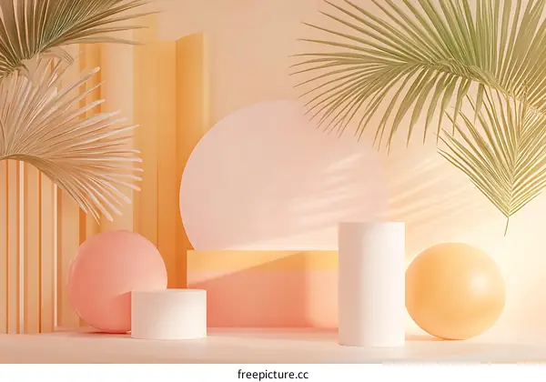Minimalist Abstract Summer Background with Palm Leaves and Geometric Shapes