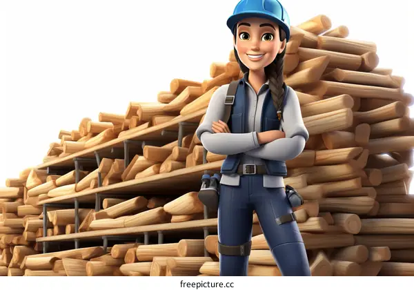 Confident female construction worker standing in front of a large stack of lumber