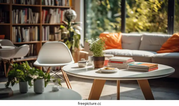 An inviting living room with a large bookshelf, comfortable seating, and a stylish coffee table