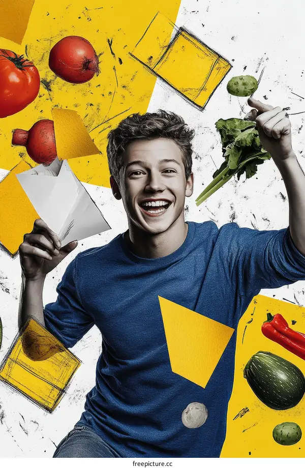 A Young Man Surrounded by Fruits and Vegetables
