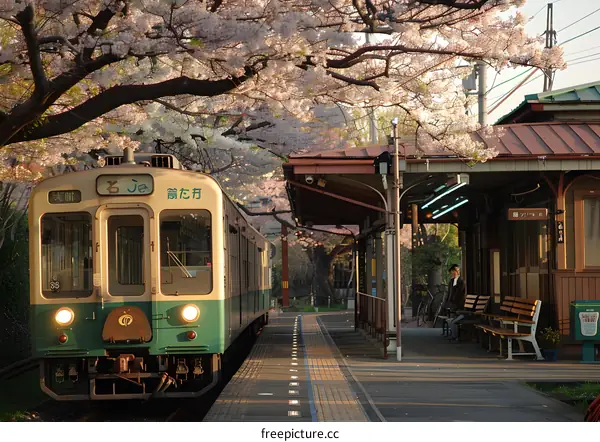 Train Station Under Cherry Blossoms in Japan