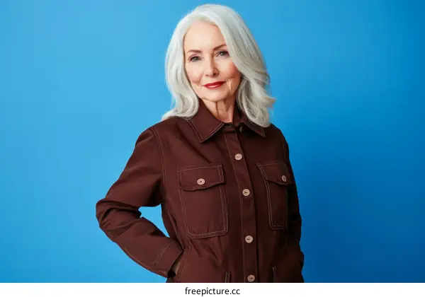 Stylish Senior Woman in Brown Jacket Against a Blue Background