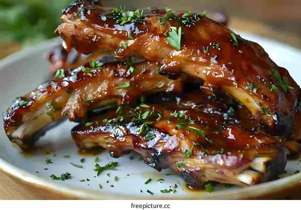 Close Up of Glazed Pork Ribs on a White Plate