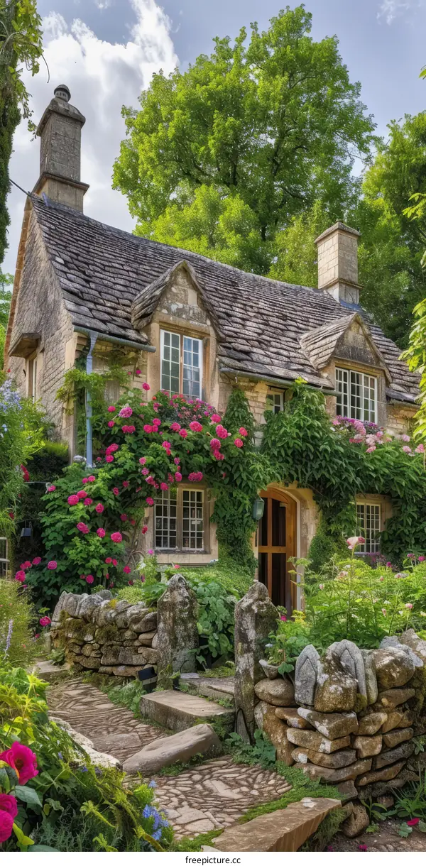 Stone cottage with a garden full of flowers