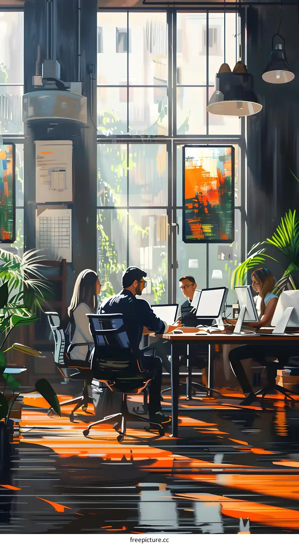 Four people in a room with plants and large windows