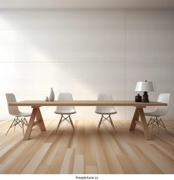 An illustration of a modern dining room with a long wooden table and four chairs