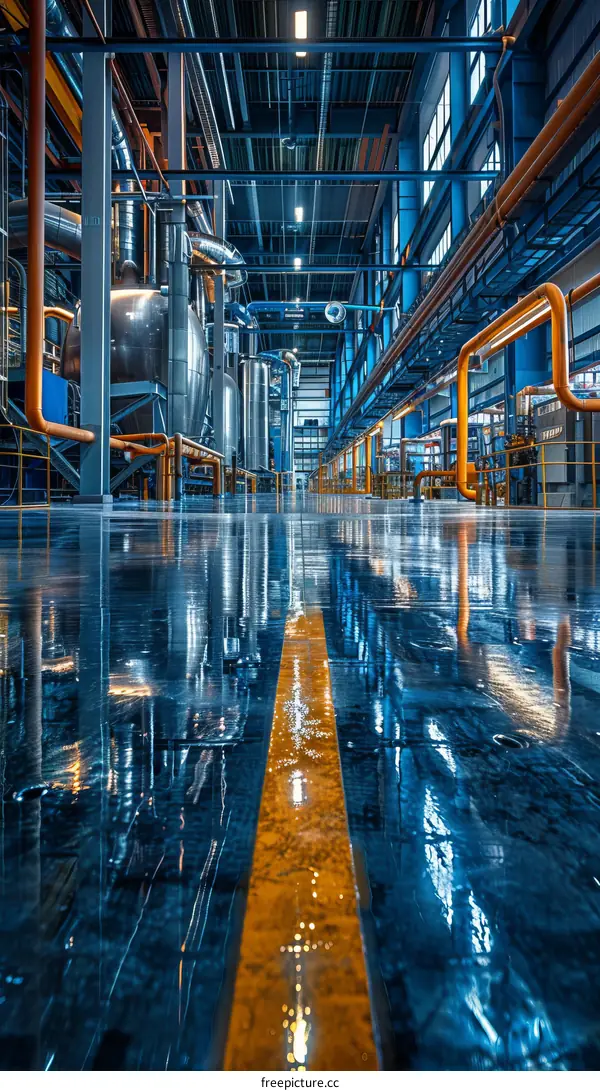Modern Factory Interior with Blue Epoxy Resin Floor