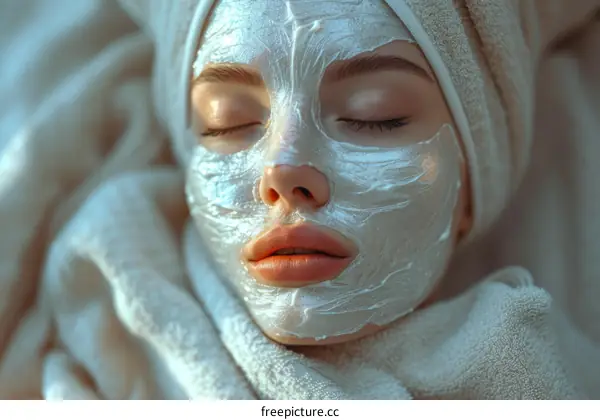 Closeup of a young woman with a white facial mask on her face