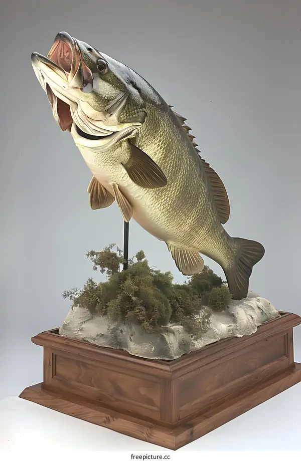 A largemouth bass fish is mounted on a wooden base