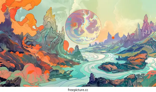 Abstract Landscape with a Large Planet and Mountains