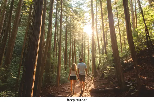 Couple Hiking Through Forest With Sunlight Streaming Through The Trees