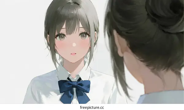 Two schoolgirls in white blouses with blue bow ties looking at each other