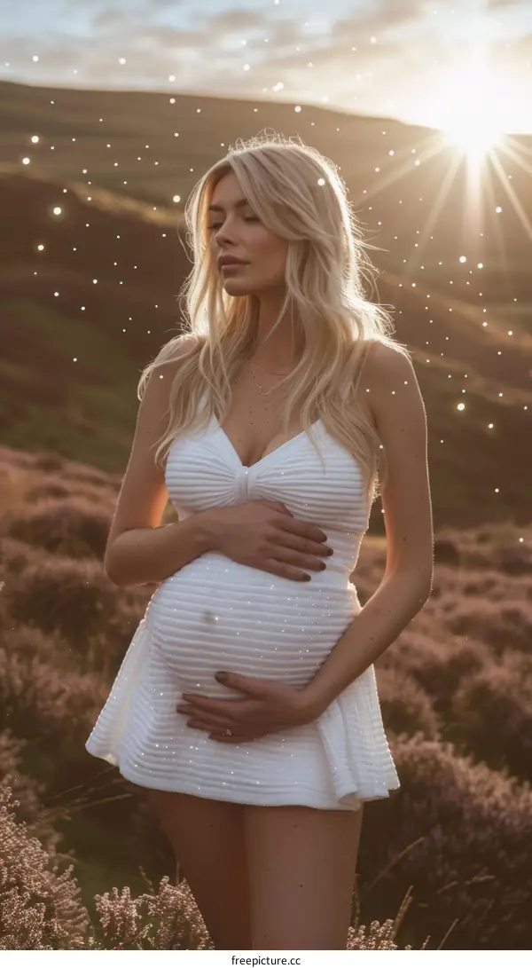 Pregnant woman standing in a field of lavender at sunset