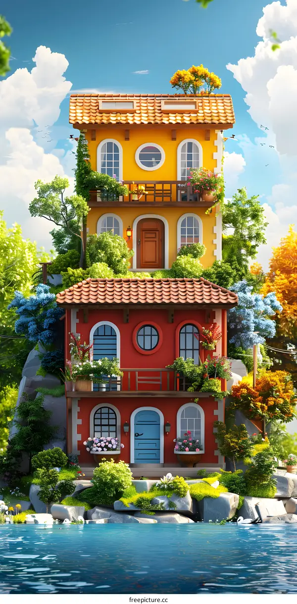 Two Story House on a Cliff by the Lake