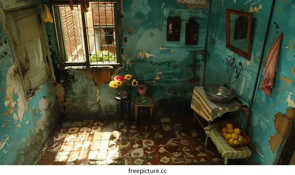 A messy room with a table, flowers, and a sink