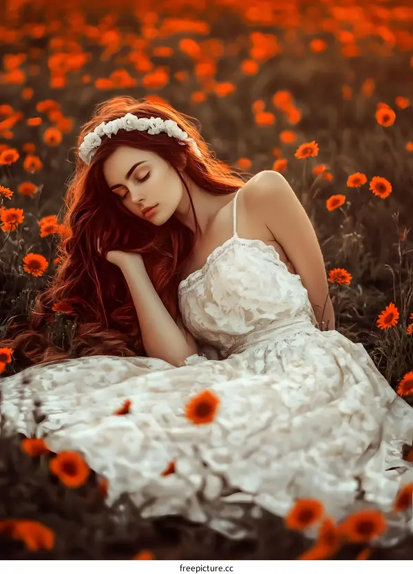 Redhead Woman in White Dress Lying in a Field of Flowers