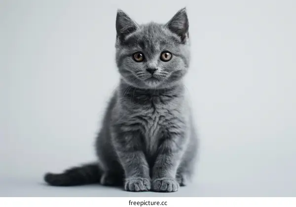 A cute gray kitten is sitting on a white table