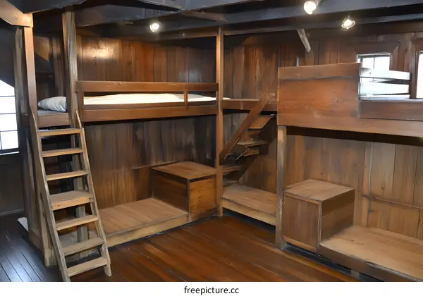 Wooden Bunk Beds and Ladder in a Rustic Room