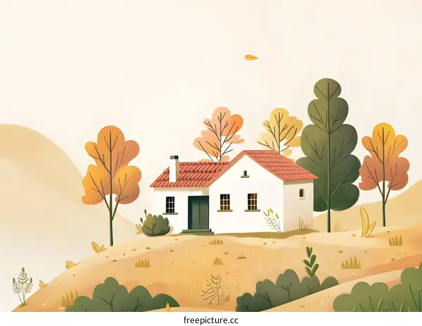 Autumn Landscape Illustration with a White House and Trees