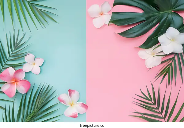 Tropical Summer Floral Background with Pink and White Flowers and Green Leaves