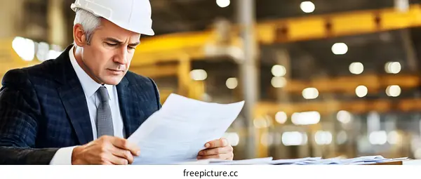 Serious Caucasian Man Wearing Hard Hat Reviews Paperwork in Factory Setting