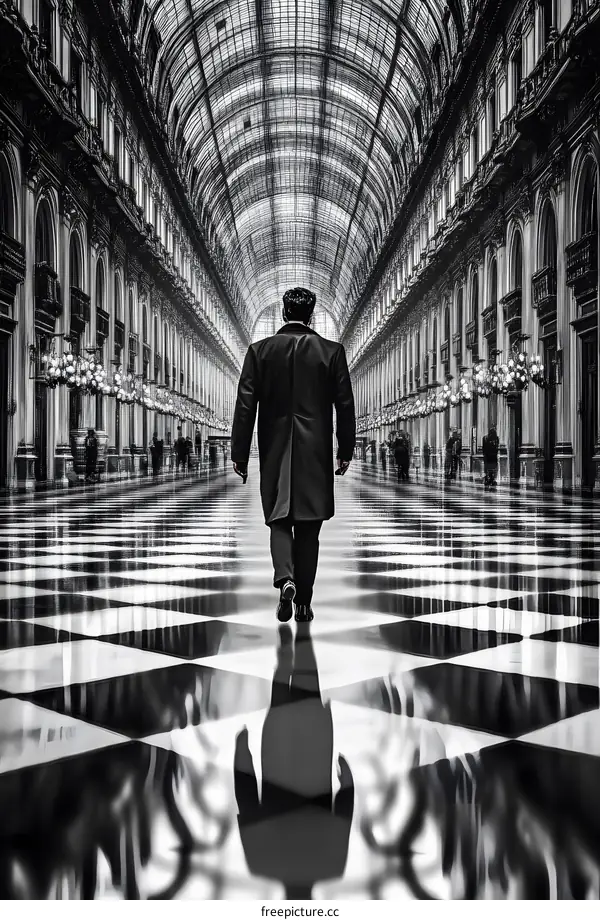 Man Walking Through a Grand Hallway with a Checkerboard Floor